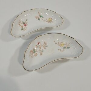 Anchor Pottery Trenton NJ Vintage Bone Dishes Crescent Floral Gold Trim Set of 2